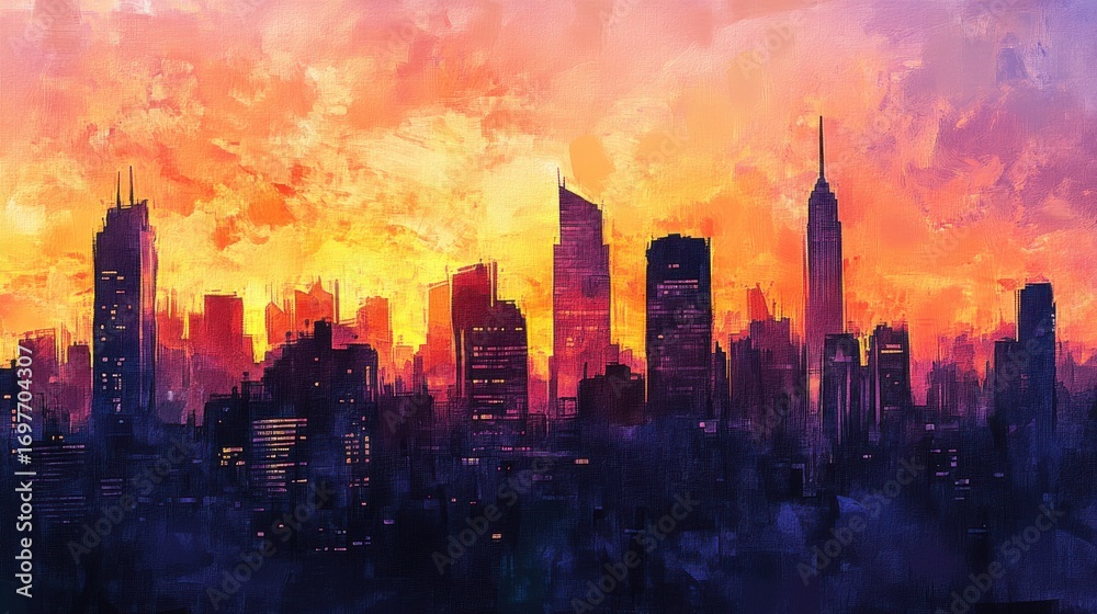 Fototapeta premium Dramatic cityscape at sunset with vibrant skyscrapers