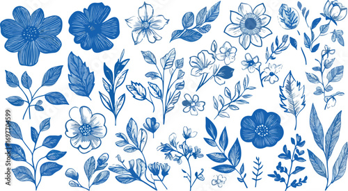 Collection of blue watercolor floral elements and botanical illustrations on white background
