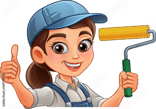 A woman female painter decorator holding a paint roller tool builder construction cartoon character mascot.