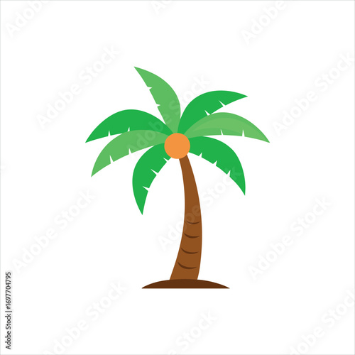 Coconut Palm Tree Silhouette with Green Leaves and Single Coconut