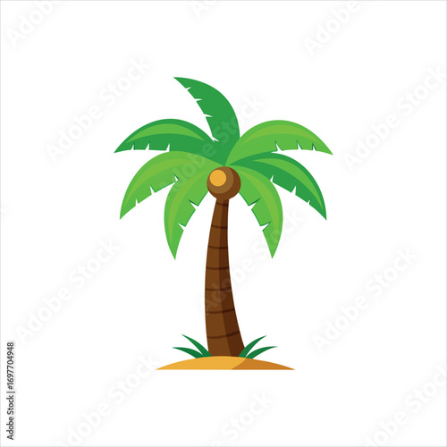 Coconut Palm Tree Silhouette with Green Leaves and Single Coconut