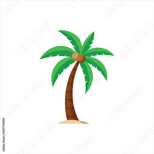 Coconut Palm Tree Silhouette with Green Leaves and Single Coconut