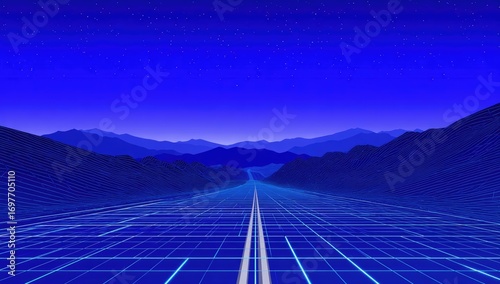 A digital highway extends into a vast landscape of mountains under a starlit night sky, defined by a network of glowing lines.