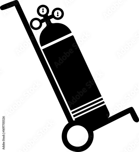 Oxygen cylinder with hand trolley silhouette vector. Square Button with Oxygen Tank royalty free vector art. Medical oxygen tank  icon. Gas Cylinder with Trolley and Lifter