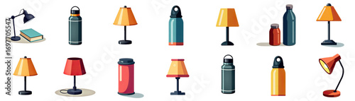 Collection of table lamps and thermoses on a white background