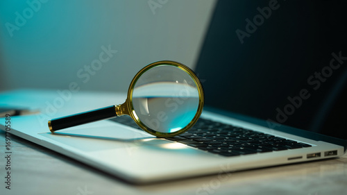 Laptop security audit and vulnerability assessment with magnifying glass for data privacy and protection