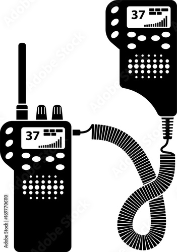  Two-way Police radio silhouette. Two-way radio communication devices with antennas. Walkie talkie icon representing a two way radio for communication and broadcasting for a security guard police