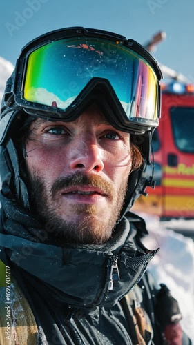 Vertical helicopter skiing portrait, adventurer with designer goggles smiling, luxury chopper behind on snowy ridge.