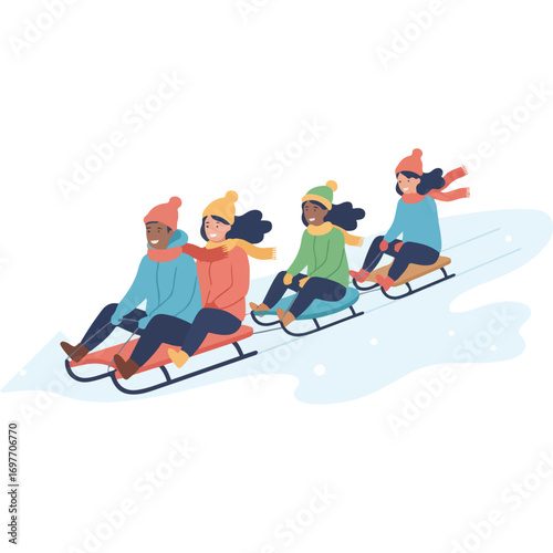 Friends sledding on a winter day: Perfect for use in advertisements built on winter sports, vacations, or friendship.