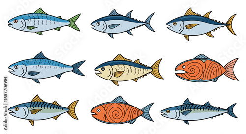 Collection of various fish illustrations, showcasing different species and patterns.