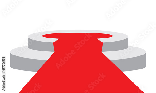 Red carpet leading to award podium stage. Red carpet extending toward a circular podium platform, symbolizing achievement, success, ceremony, and prestigious recognition.

