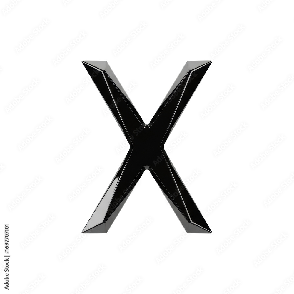 Obraz premium Perfectly symmetrical, glossy obsidian-black 'X' symbol with razor-sharp lines and reflections, centered on a transparent background with copy space, concept of analytical precision