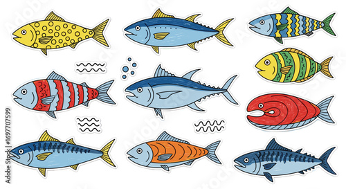 A vibrant collection of cartoon fish illustrations featuring various marine species like tuna and mackerel, depicted with diverse patterns and colors.