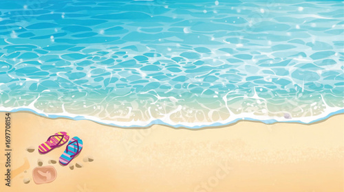 Summer beach scene with colorful flip flops on sandy shore, gentle waves, vector illustration for banners, cards, invitations, and sales. Ai Generate 