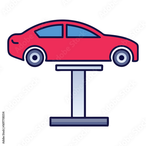 Red Car on Lift Automotive Repair Cartoon Illustration