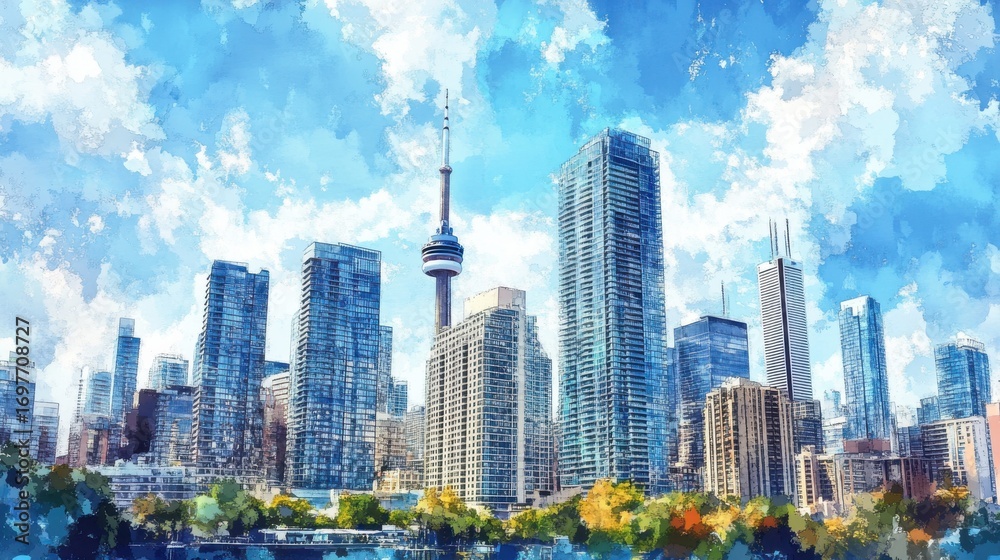 Obraz premium Bright cityscape with modern buildings and tower during daytime