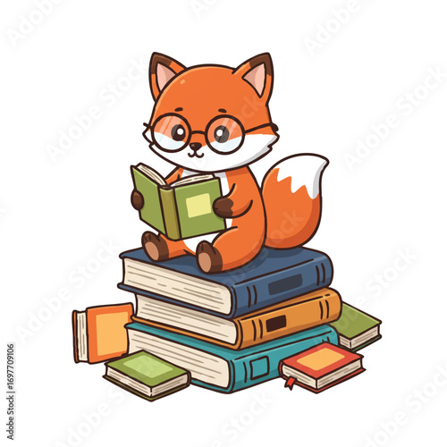 A vibrant 2D flat vector illustration depicts a cute fox with glasses, reading an open storybook, seated on a stack of books, surrounded by colorful books.