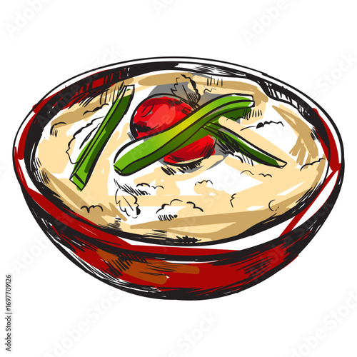 Illustration of Mediterranean food with garnish and tomato.