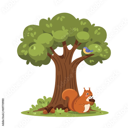 A cheerful, chubby squirrel happily collects acorns under a stylized oak tree, with a cute bird perched on a branch, depicted in a vibrant flat 2D vector style on a clean white background.