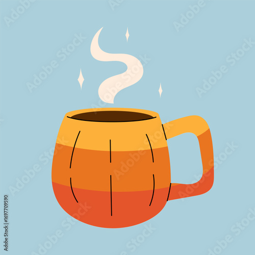 Cute kawaii halloween pumpkin mug with hot drink for kids and design. Pumpkin latte in a beautiful mug with marshmallow. Vector stock illustration on a blue background.