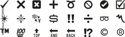 Collection of black vector symbols including checkmarks, arrows, math signs, punctuation, and trademarks. Ideal for graphic design, documents, and digital interfaces. Clean minimal icon set.