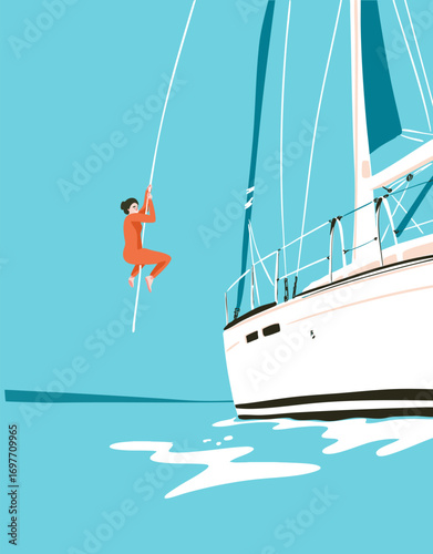 A female yachtswoman is swinging on a rope over the water like on a rope swing. Vector illustration. Color illustration.