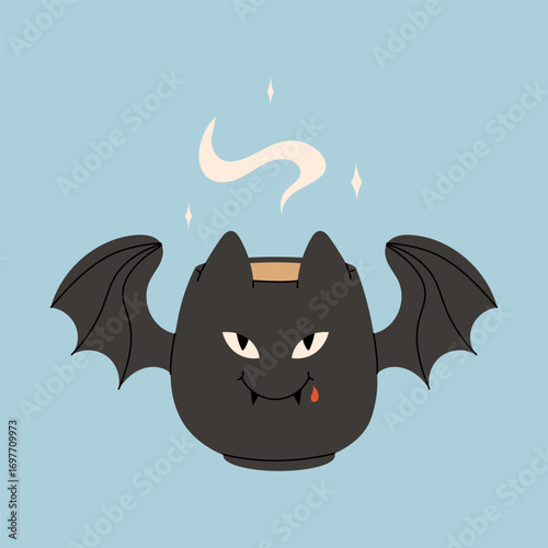Cute kawaii halloween mug bat with hot drink for kids and design. Pumpkin latte in a beautiful mug with marshmallow. Vector stock illustration on a blue background.
