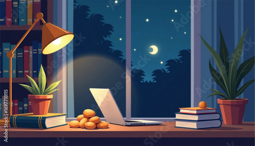 Cozy study desk with laptop, books, and snacks by window at night with moonlight 