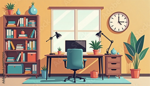 Modern home office setup with desk, computer, bookshelves, and plants under natural light 