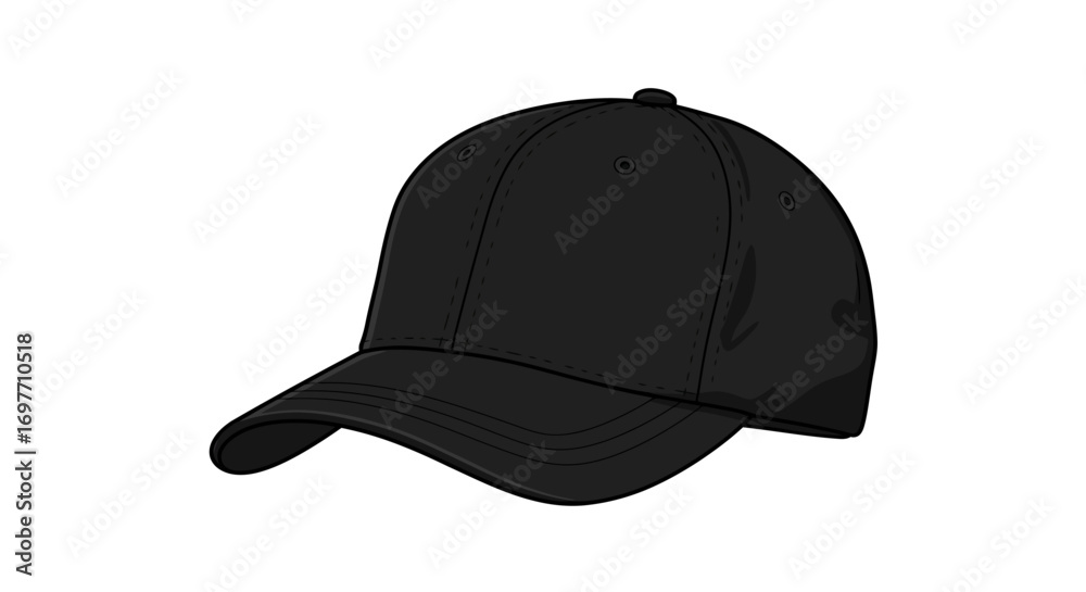 Fototapeta premium Black Baseball Cap Illustration with Detailed Stitching and Visor.