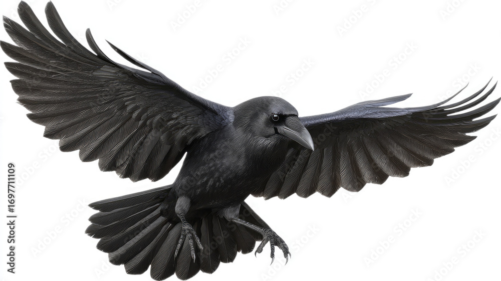 Fototapeta premium Majestic black raven glossy feathers spreads wings wide mid flight, sharp beak intense gaze, isolated white background, symbolizing intelligence mystery