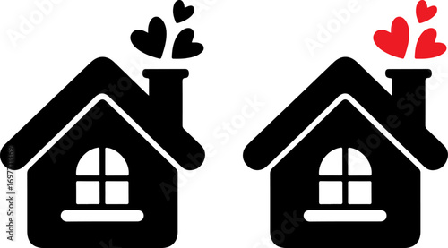 Two houses with heart shaped smoke coming from chimneys