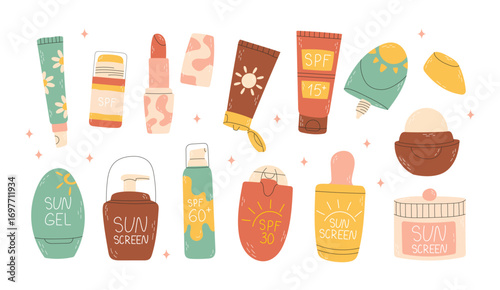 Bright set of cosmetics with SPF protection. Protection from sunlight. Products for the face, body and lips. Various bottles of cosmetics lotion, cream, spray, lipstick in different shapes of bottles