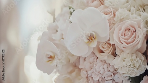 Fototapeta Naklejka Na Ścianę i Meble -  Luxurious bridal bouquet with white orchids peonies and soft pink roses adorned with satin ribbons The arrangement is set against a soft focus background of a wedding venue