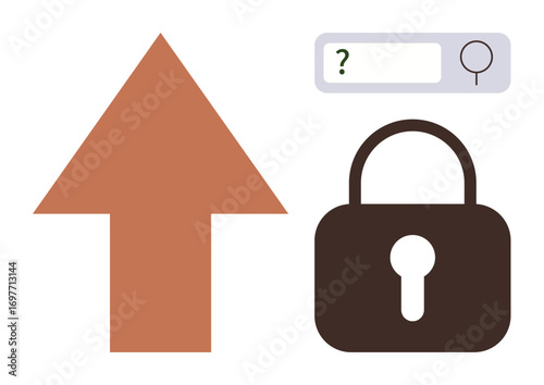 Orange upward arrow, brown lock symbol, and search bar with a question mark and magnifying glass. Ideal for security, data protection, internet privacy, progress, surveillance, encryption access