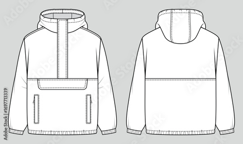 Puffer anorak jacket. Unisex oversized coat with hood and front pouch pocket. Vector technical sketch. Mockup template.
