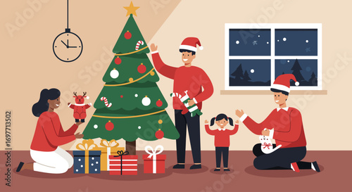 A heartwarming Flat Design vector illustration depicting a diverse family enjoying a festive Christmas celebration, gathered around a beautifully decorated tree with gifts.