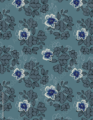 Abstract solid vector textile design, arrangement with small jasmine flowers with leaves ornament, all-over seamless pattern with blue and Tosca tone color illustration, digital image prints
