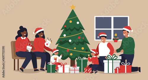 A heartwarming Flat Design vector illustration depicting a diverse family enjoying a festive Christmas celebration, gathered around a beautifully decorated tree with gifts.