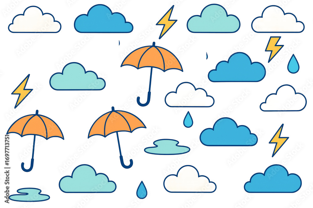 Fototapeta premium Weather icons including clouds, umbrellas, raindrops, and lightning in cartoon style on a white background. Concept of climate elements. Ai generative