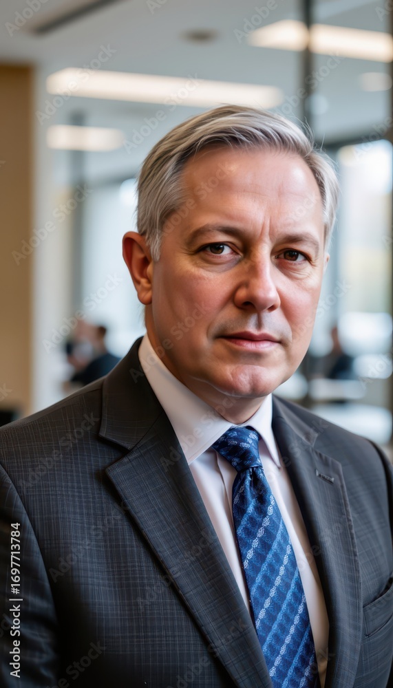 Naklejka premium Senior businessman in suit, half-body portrait with confident expression in modern office environment.