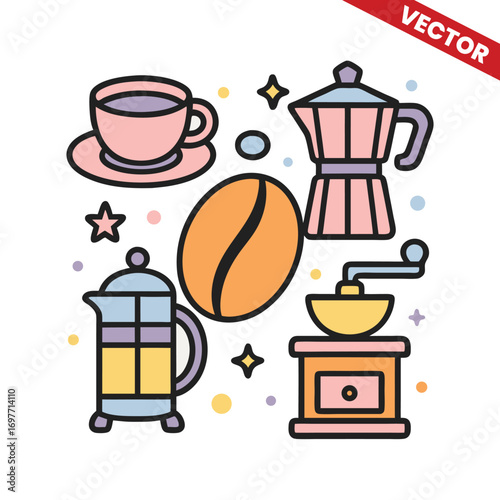 Coffee Beans and Brewing Kit vector illustration