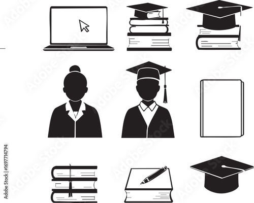 Black and white vector set of education icons including books, graduation caps, laptop, and students perfect for academic designs
