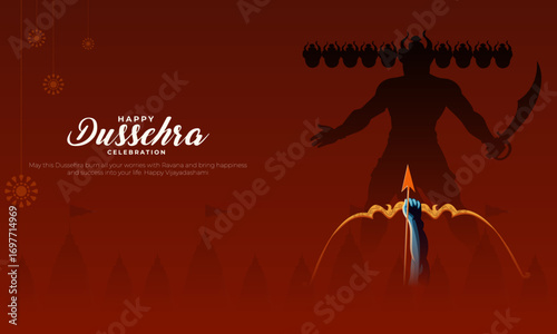 Happy Dussehra Vector Illustration – Lord Rama Shooting Arrow at Ravana, Vijayadashami Festival Celebration Background, Indian Hindu Tradition Design