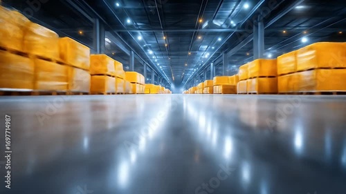 A vast warehouse interior, brightly lit, showcases numerous stacks of yellow crates, reflecting on the polished floor.