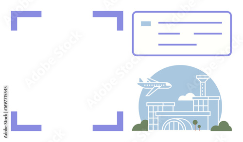 Passenger airplane flying above a modern airport terminal with travel ticket. Ideal for tourism, transportation, booking, travel planning, logistics, vacations, navigation. Simple flat metaphor