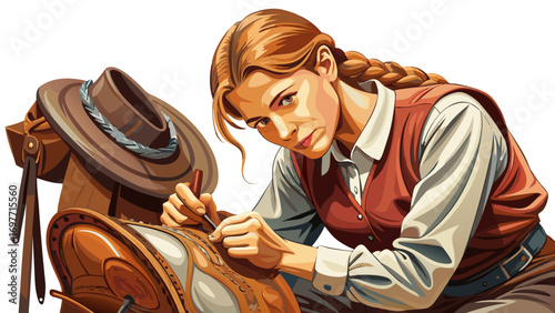 Close-up portrait of female saddle maker polishing finished leather. White background highlights craftsmanship, tradition, and elegance.