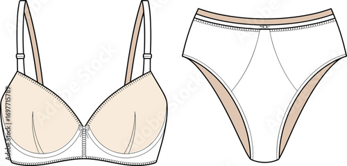 Fashion flat sketch of a beige underwire bra and matching high-waisted panties lingerie underwear