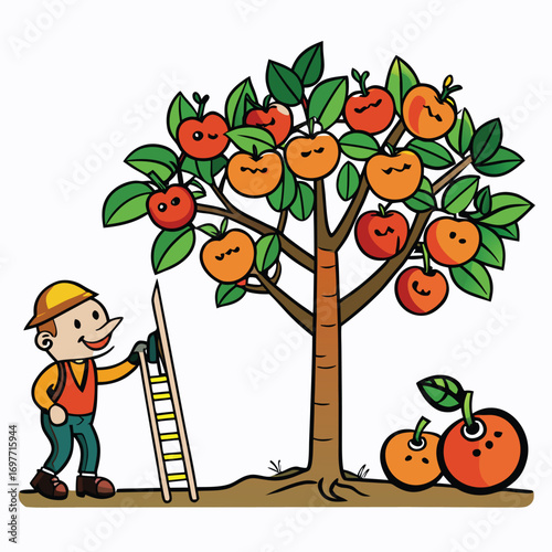 Farmer with Ladder Picking Ripe Apples from a Tree with Two Apples on the Ground
