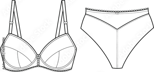 Fashion flat sketch of a black and white outline bra and high-waisted panties set lingerie underwear